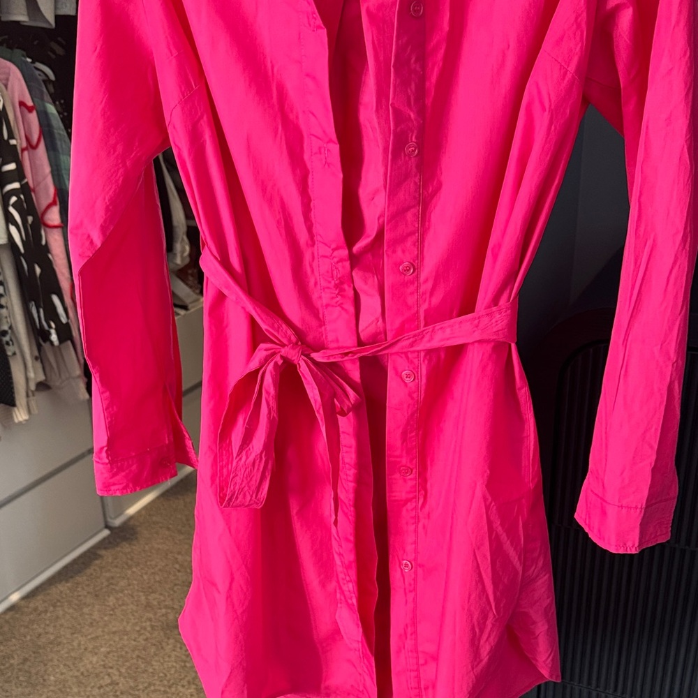 Women's Hot Pink Shirt Dress with Tie Belt - Picture 3 of 5